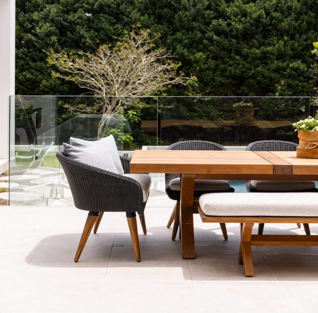 Heritage rectangular teak dining table with armless chairs and bench