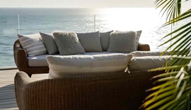 Bulle round wicker sofa with cushions beside the ocean