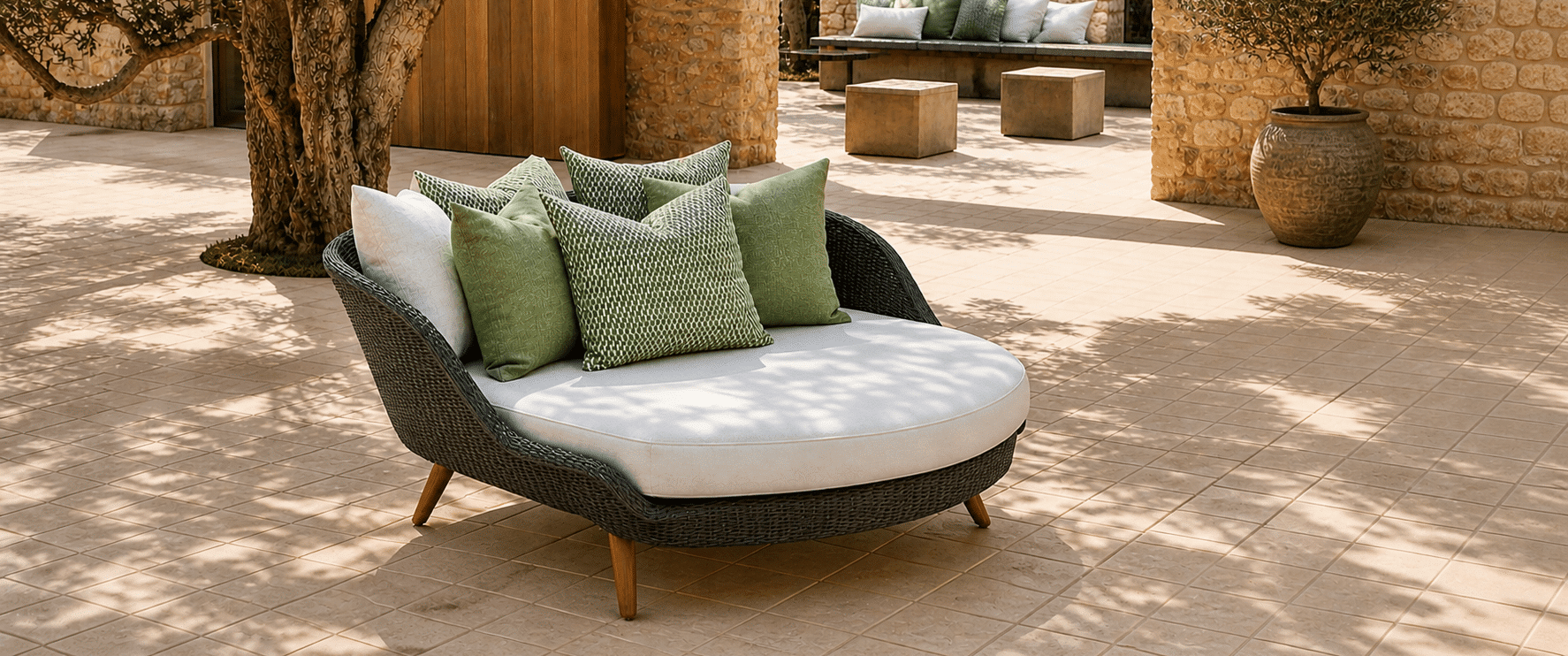 Tressé double daybed, wicker with timber legs and green and white cushions