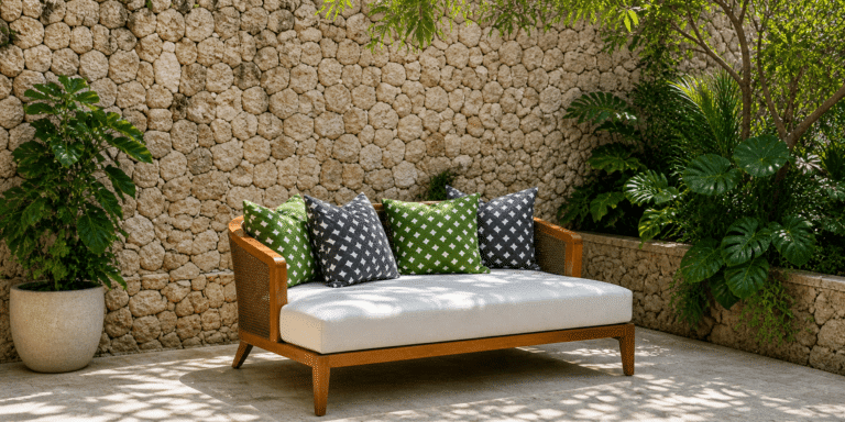 Chatgpt image may 4 2026 06 32 58 pm Revé daybed in open weave with green and grey patterned cushions