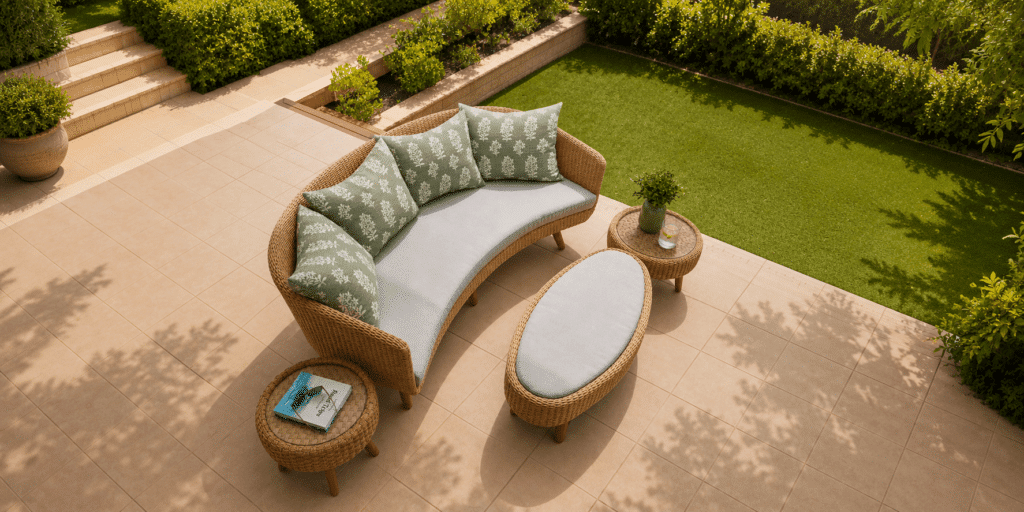 Tressé rounded wicker sofa with oval coffee table ottoman and two round side tables