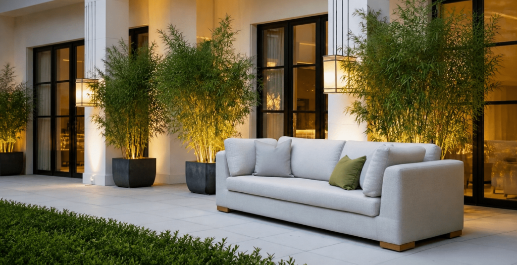 Liver george 250cm outdoor sofa in ivory bouclé with taupe accent cushion, on a terrace at dusk