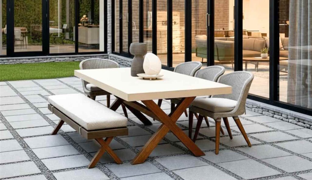 Concretediningtable 1 Rectangular concrete dining table with x-frame legs, bench and tresse design wicker chairs