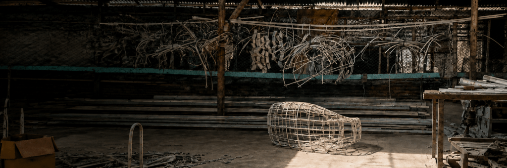 Handwoven rattan furniture frame in progress at osier belle's cirebon factory