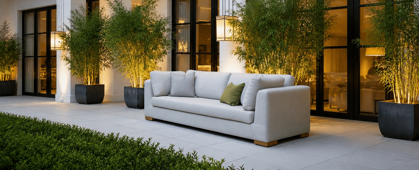 Oliver george sofa in white outdoor fabric with olive green scatter cushion
