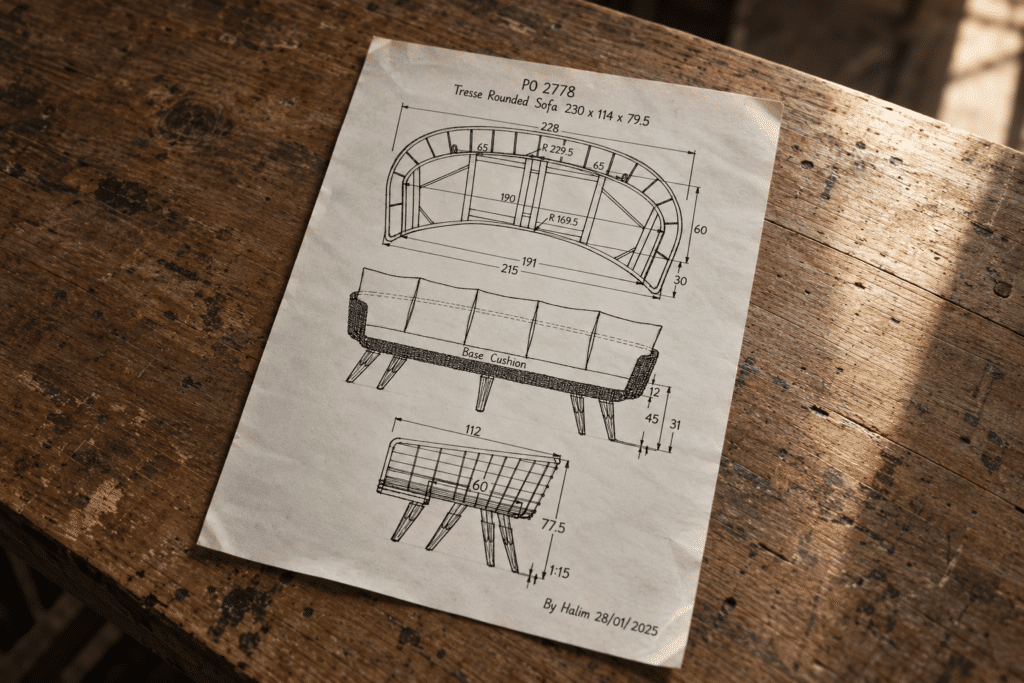 Osier belle sketch of rounded outdoor sofa